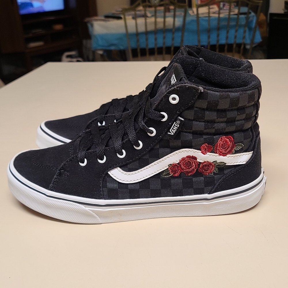 Vans Black High-Top Sneakers with White Stripe and Red Rose Embroidery